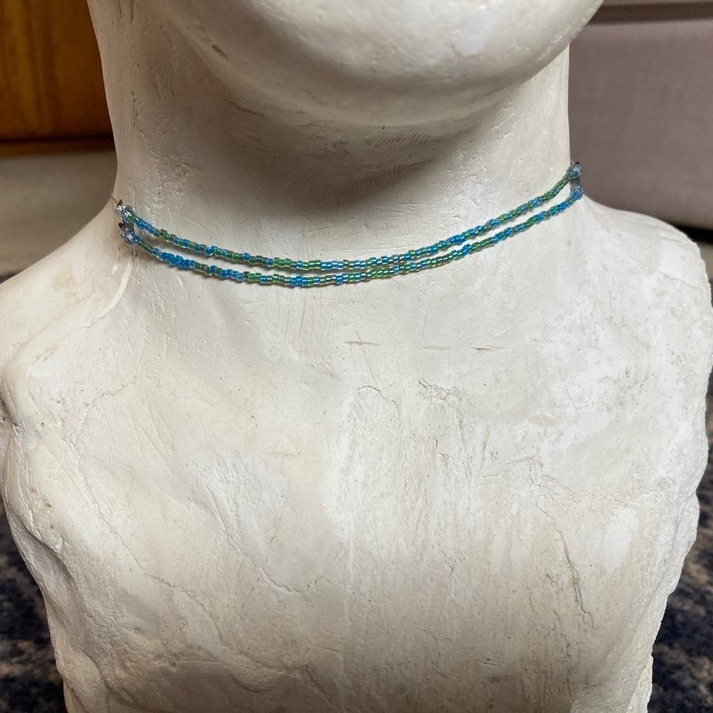 Bead and Wire Choker Necklace - blue and green beads - silver wire